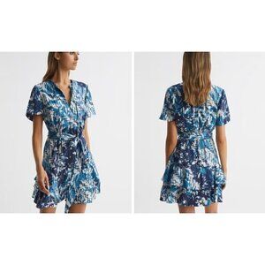New REISS Size US 0 Split-Neck Printed Dress Blue Multi